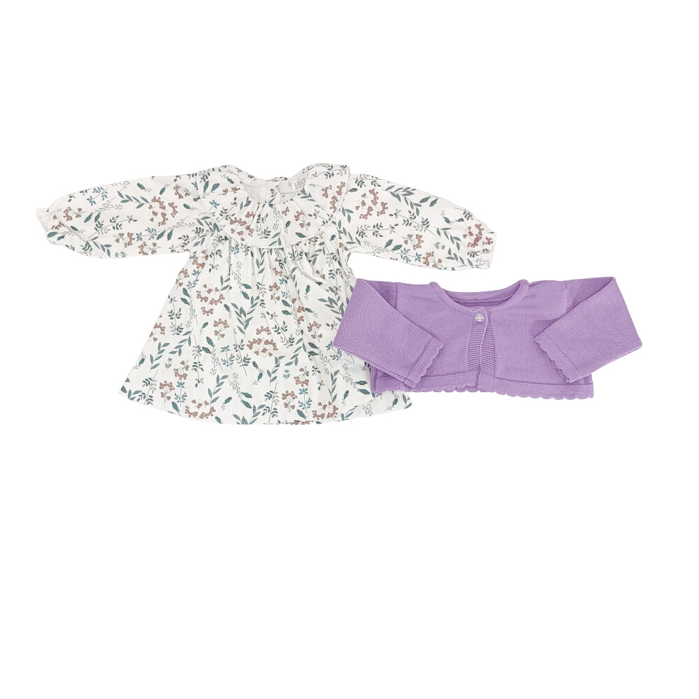 vestina di klaiadì per neonata in fantasia floreale di cotone flanellato e coprispale di lana lilla