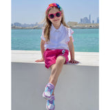 Melany Rose completo con camicia con volant e shorts jeansato fucsia cod A5752BS