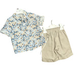 Klaiadì completo  neonato due pezzi con camicia floreale  e bermuda in  cotone e  lino beige