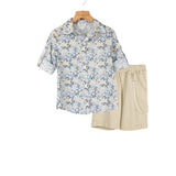 Klaiadì completo  neonato due pezzi con camicia floreale  e bermuda in  cotone e  lino beige