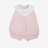Pagliaccetto rosa con scollo bianco e rose ricamate