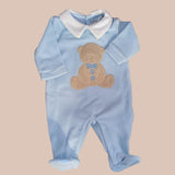 Tutina con colletto di ciniglia  celeste con orsetto con papillon