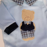 Tutina con colletto di ciniglia  celeste con orsetto con gilet blu