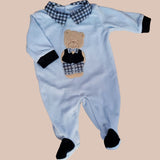 Tutina con colletto di ciniglia  celeste con orsetto con gilet blu