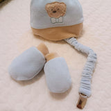 Set corredino completo cappellino  babbucce e catenella beige e celeste con orso