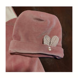 Cuffietta con orecchie di   ciniglia color cipolla coordinata con tutina con orsetti