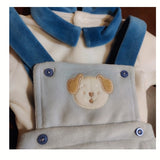 Tutina stile salopette celeste e blu con cagnolino