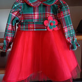 Abito in tartan di velluto e gonna di tulle rosso