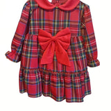 Abito in tartan a balze con fiocco rosso di velluto