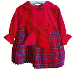 Abito velluto rosso e tartan plissettato con fiocco