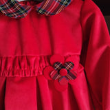 Abito velluto rosso con manica a sbuffo con inserti in tartan