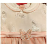 Tutina ciniglia luxury color panna e  pesca con corpino in satin con farfalle