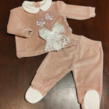 Clinico ciniglia 2 pezzi  cipolla rosa ricamato con fiocco di pizzo