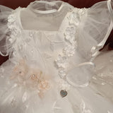 Abito battesimo/ cerimonia sartoriale luxury con pizzo e fiori a rilievo con Swarovsky interni