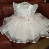 Abito battesimo/ cerimonia sartoriale luxury con pizzo e fiori a rilievo con Swarovsky interni