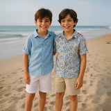 Klaiadì completo bambino due pezzi con camicia floreale  e bermuda in  cotone e  lino bianco