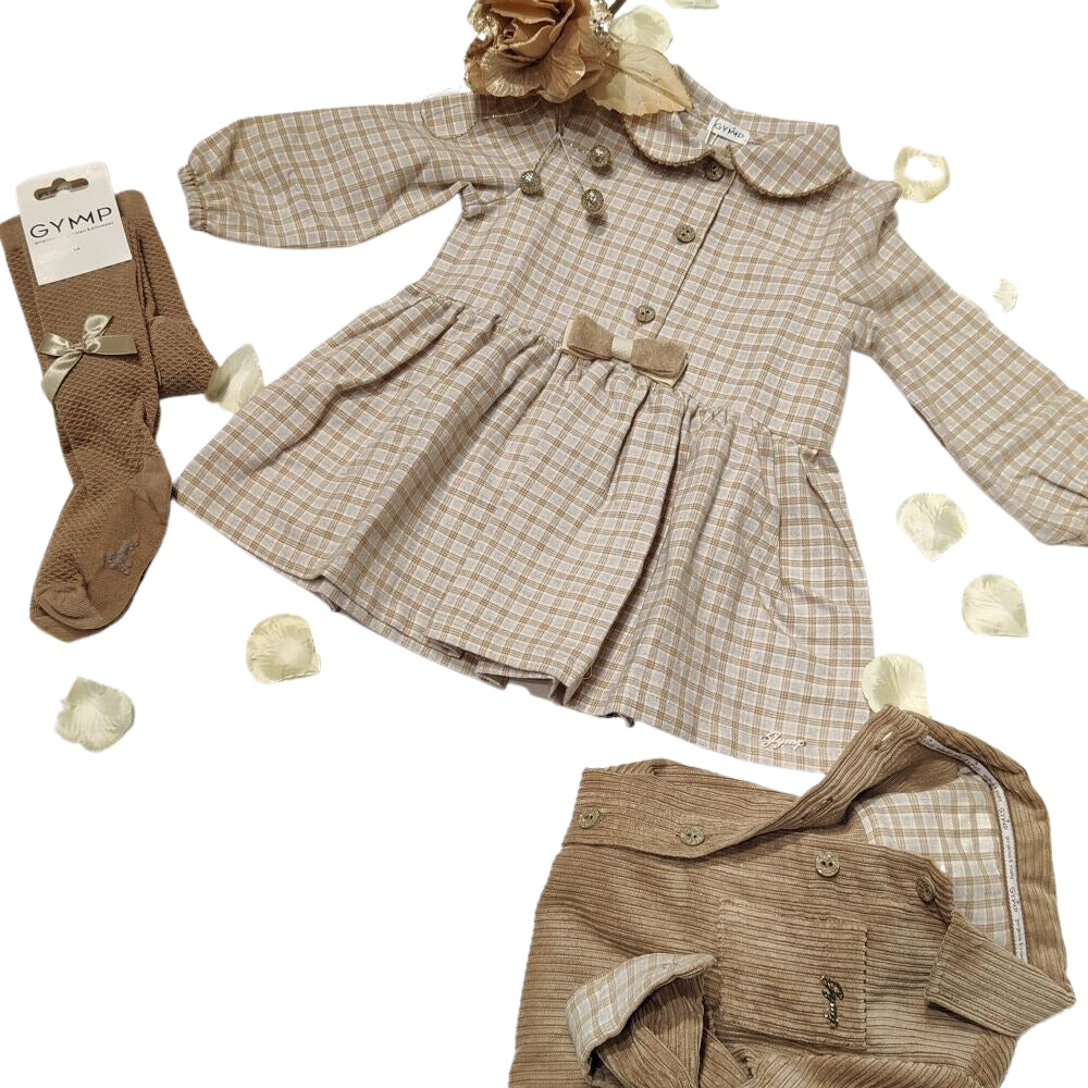   abito per neonata gymp beige a quadretti  in caldo cotone abbinate color beige e marrone