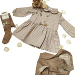   abito per neonata gymp beige a quadretti  in caldo cotone abbinate color beige e marrone