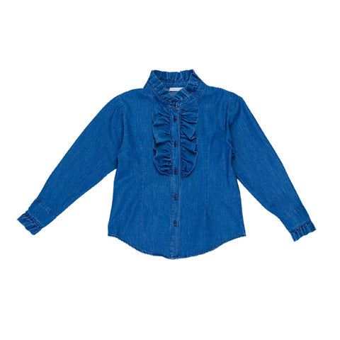 camicia in jeans blu con rouche