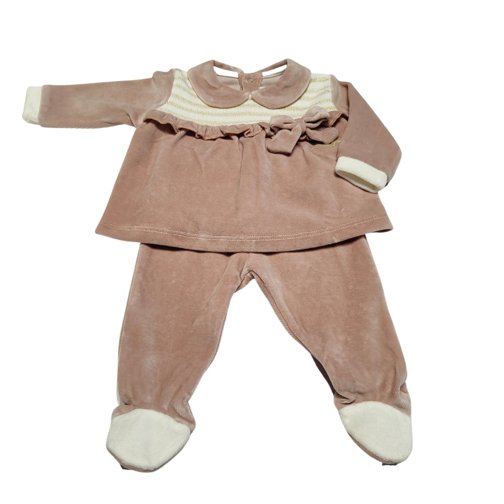 completo clinico per neonata in ciniglia con rouche e fiocco color beige e panna