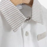 Klaiadì completo  neonato due pezzi con camicia con colletto a righe e bermuda in  cotone e  lino beige