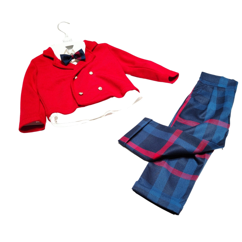 completo rosso e tartan con giacchina per bambino di klaiadì 