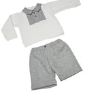 completo per neonato di lana con maglietta a polo e shorts colore grigio e bianco