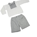 completo per neonato di lana con maglietta a polo e shorts colore grigio e bianco