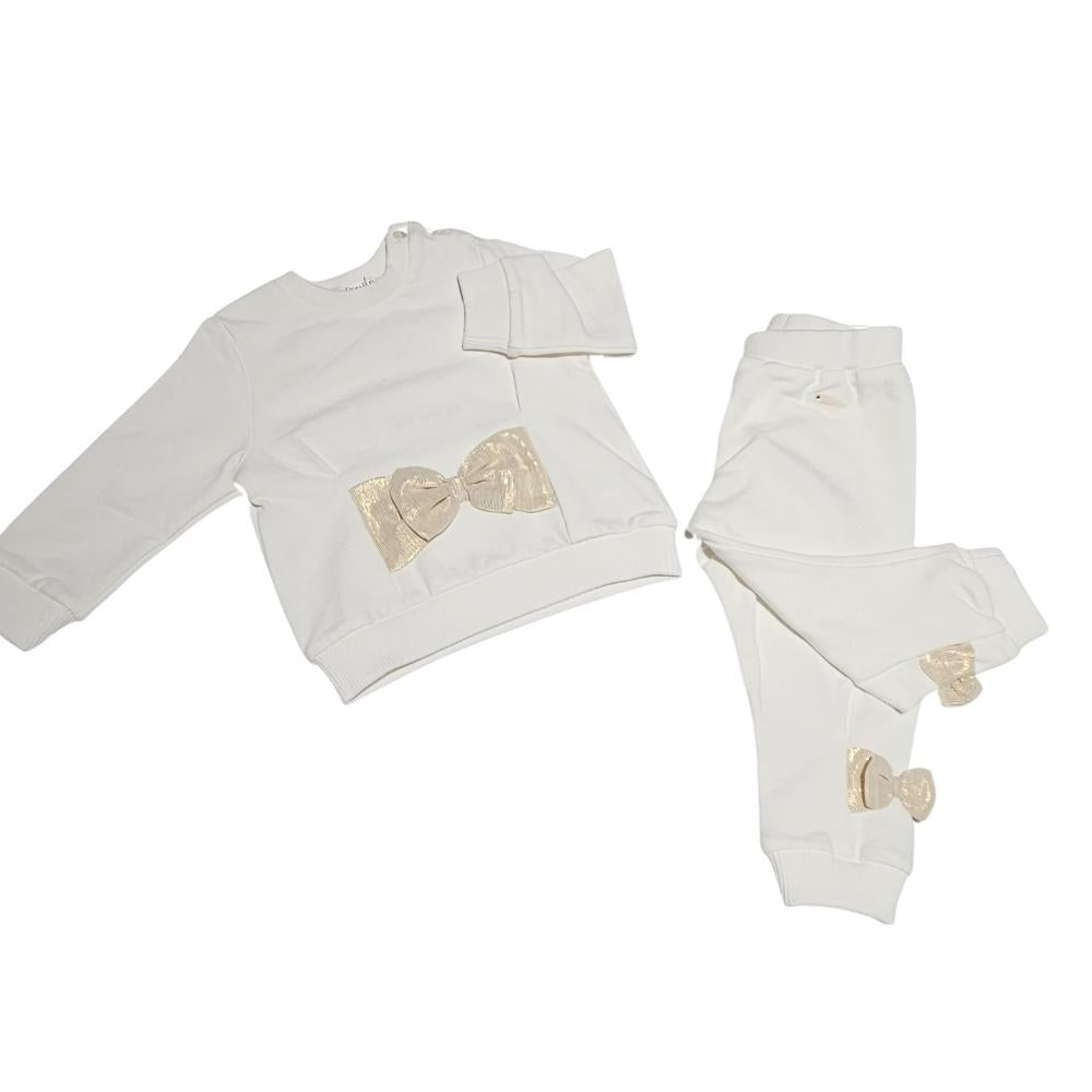 felpa e pantalone bianco con fiocco oro per bambina gymp