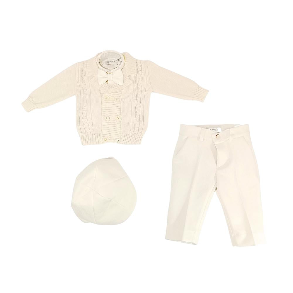 completo battesimale con golfino bianco e pantalone con coppola panna per bambino klaiadì