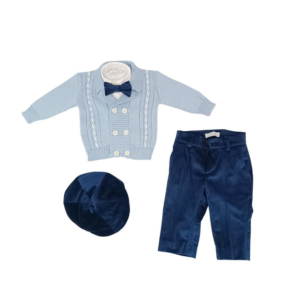 completo battesimale golfino celeste con pantalone e baschetto blu per bambino klaiadì