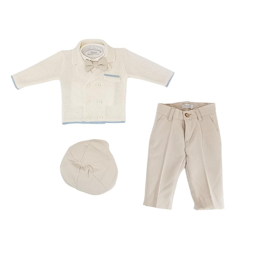 completo battesimale golfino panna con pantalone e coppola beige per bambino klaiadì