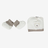 Klaiadì corredino completo cappellino e babbucce  del tema bianco e tortora teddy