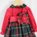 Klaiadì abito rosso e  in tartan con fiore gioiello