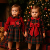 Klaiadì abito in tartan con fiocco  in velluto rosso