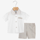 Klaiadì completo  neonato due pezzi con camicia con colletto a righe e bermuda in  cotone e  lino beige