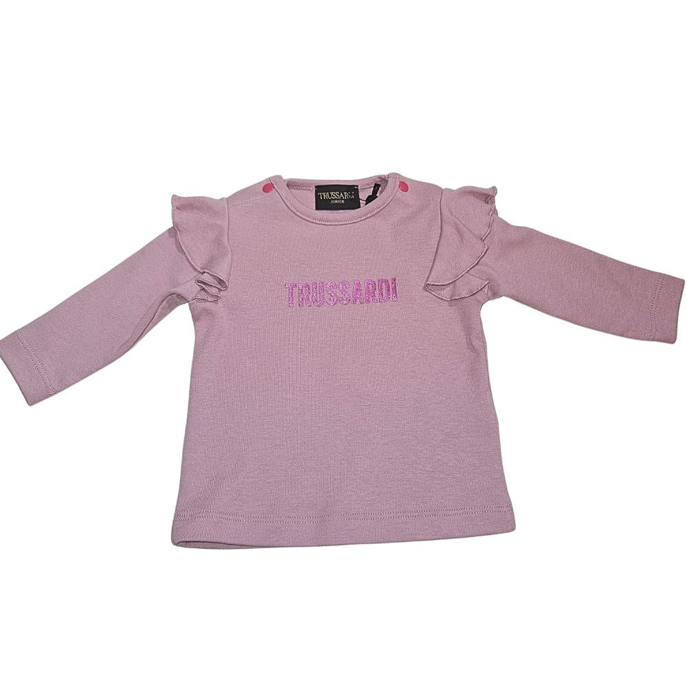 maglia a manica lunga lilla con scritta trussardi per bambina