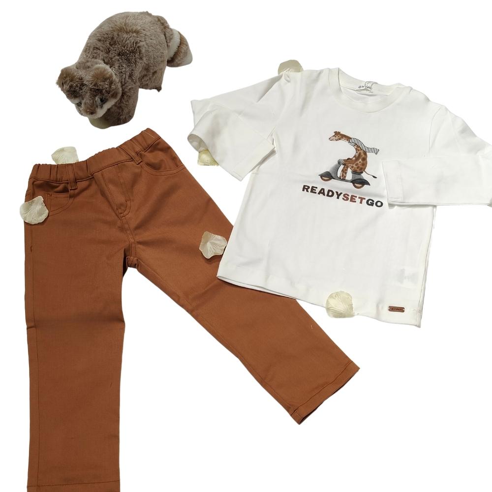maglia per neonato in caldo cotone con disegno readysego e pantaloni con elastico color caramello