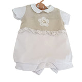 Pagliaccetto bianco e beige di lino con fiore ricamato cod. 6007